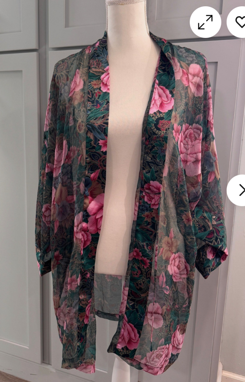 VTG VS Gold Label Floral Sheer Kimono Robe Pink/Teal OS Cottage Fairy Tomato Grl
